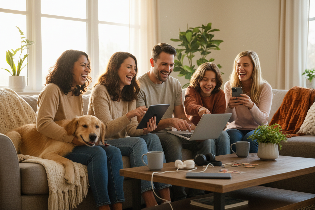 a family with electronics and a dog on their lap having fun laughing